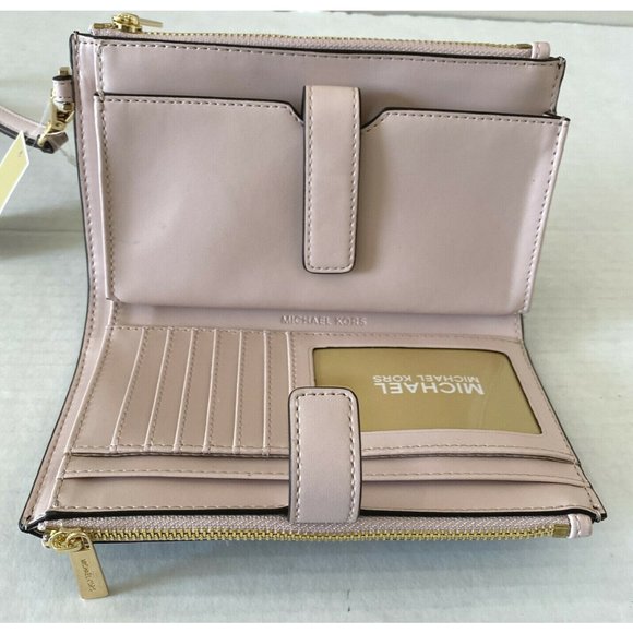 New Michael Kors Jet Set Travel Double zip wristlet wallet Brown / Blush multi - Picture 3 of 6